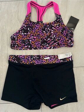 Nike Girls 2pc Bathing Suit - Black Shorts with Pink & Purple Leopard-Print